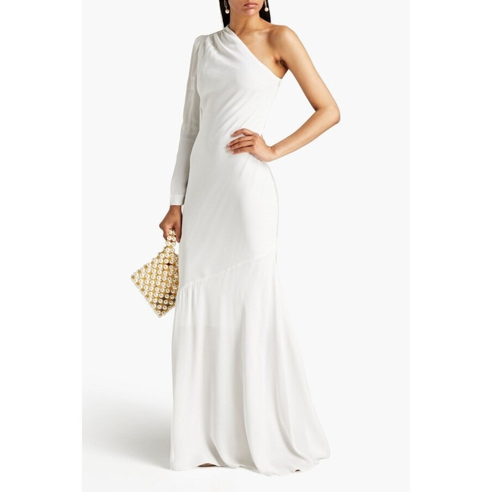 NWT Rebecca Vallance White Blume One Shoulder Crepe Gown Dress Size 8